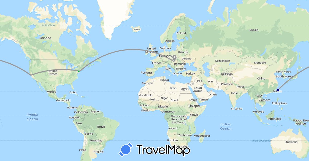 TravelMap itinerary: driving, bus, plane in Hungary, Taiwan, United States (Asia, Europe, North America)